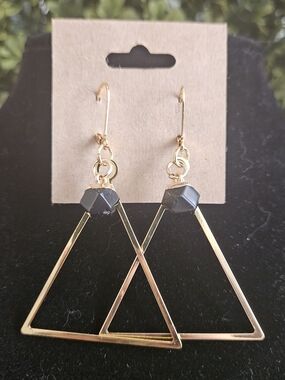 Funky 18k Gold Earhooks & Obsidian Triangle Dangle Gold Earrings